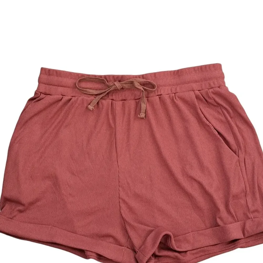 MEROKEETY Ribbed Tank Top and Shorts Maroon Lounge Set Size Large NWT